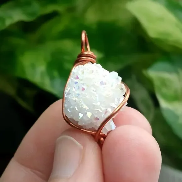 Aura Quartz Crystal Cluster Pendant, Copper Wire Pendant, Gemstone, 1" - Picture 2 of 4